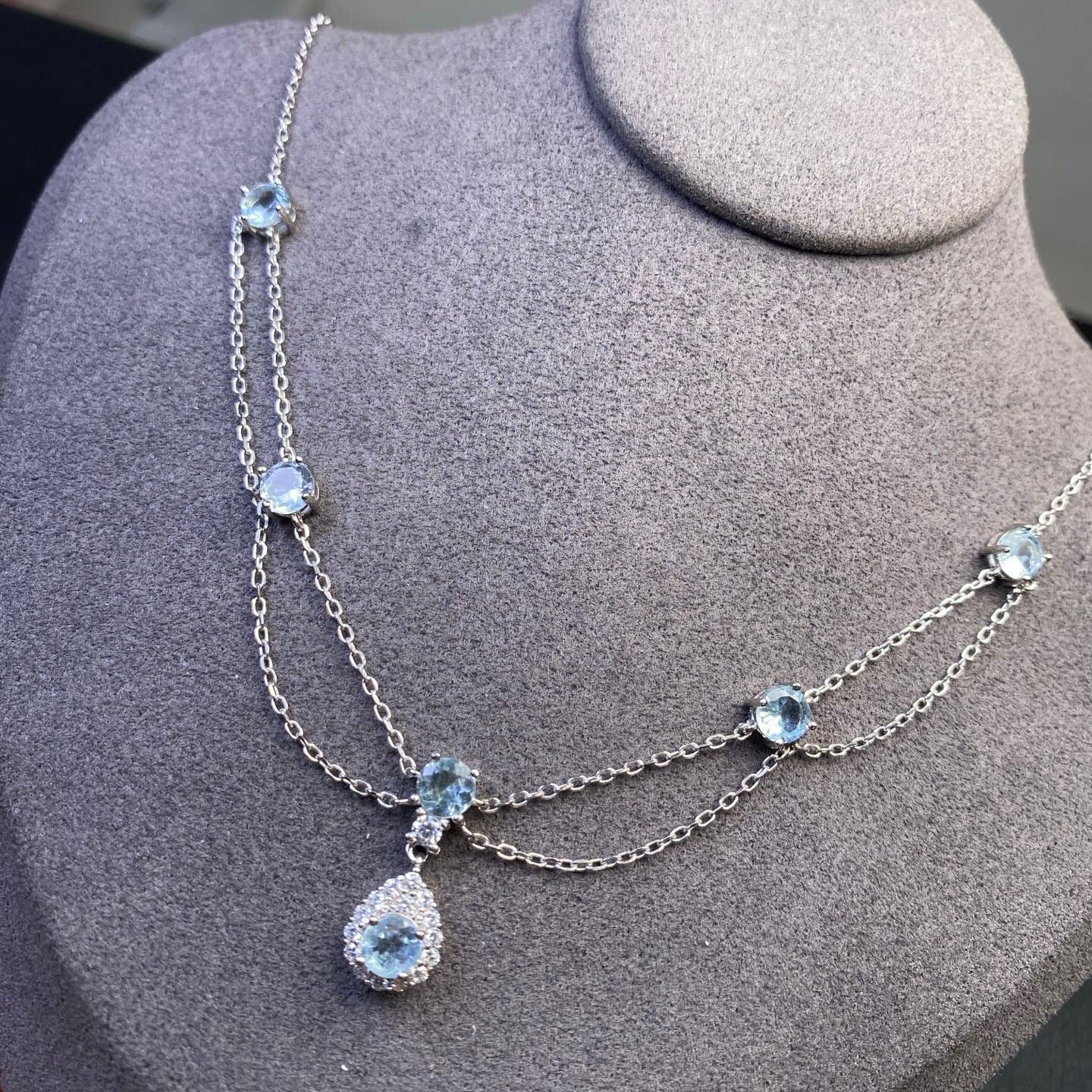 S925 Sterling Silver Aquamarine Tassel Pendant Necklace French Style High-end Light Luxury Vintage Dress Collarbone Chain