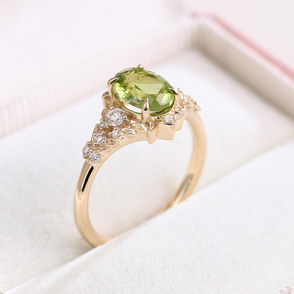 18K Gold Gemstone Ring Customized Olive Green Real Gold Ring