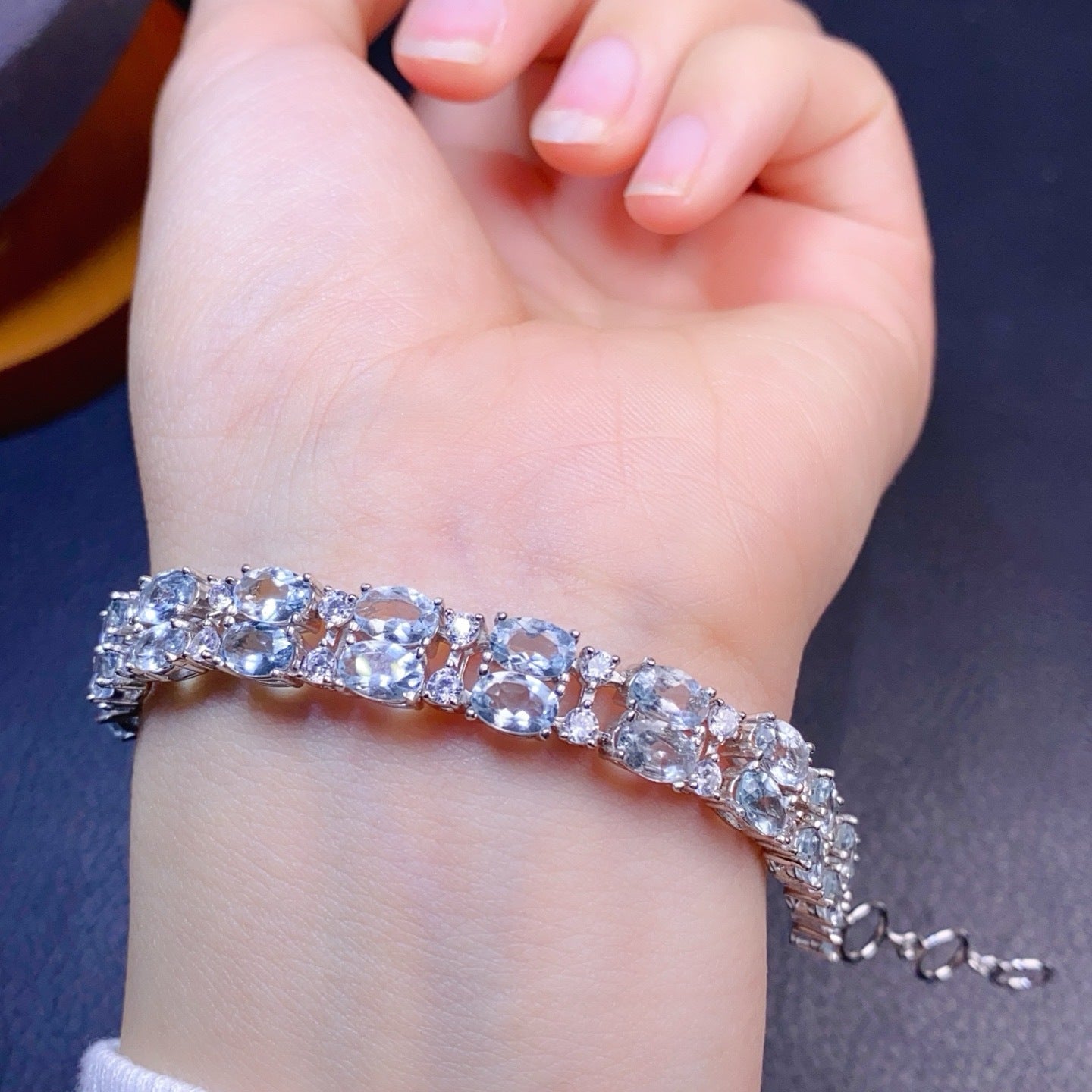 S925 Silver Inlaid Main Stone 4x6mm Natural Aquamarine Bracelet