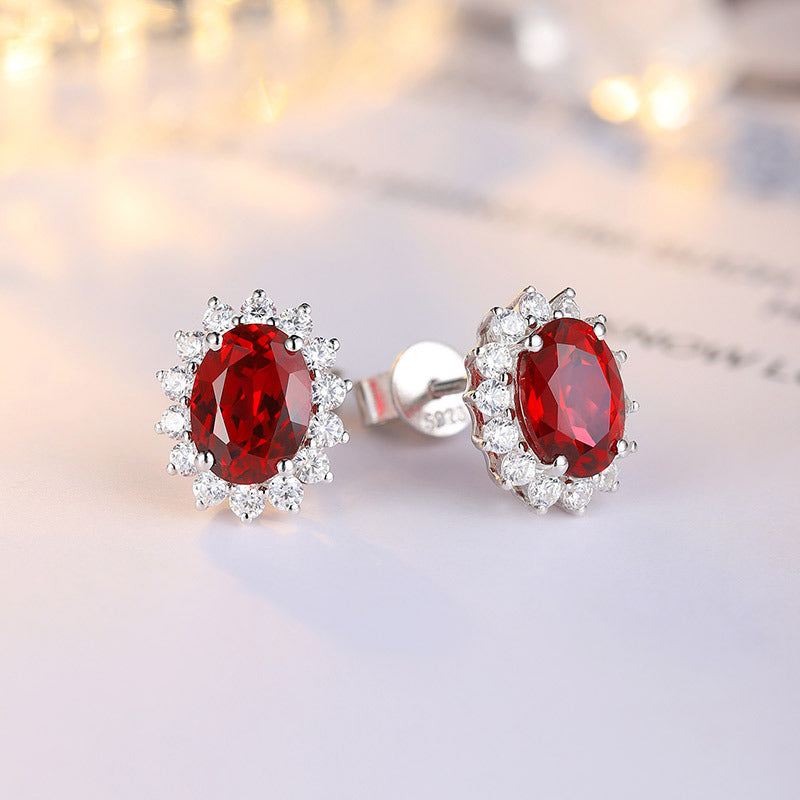S925 Silver Plated 18K Gold Inlaid Cultivated Ruby Stud Earrings Sapphire Emerald Earrings