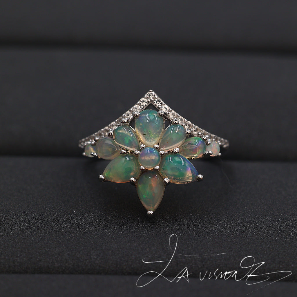 S925 Silver Inlaid Natural Opal Vintage Jewelry Synthetic White Sapphire Ring