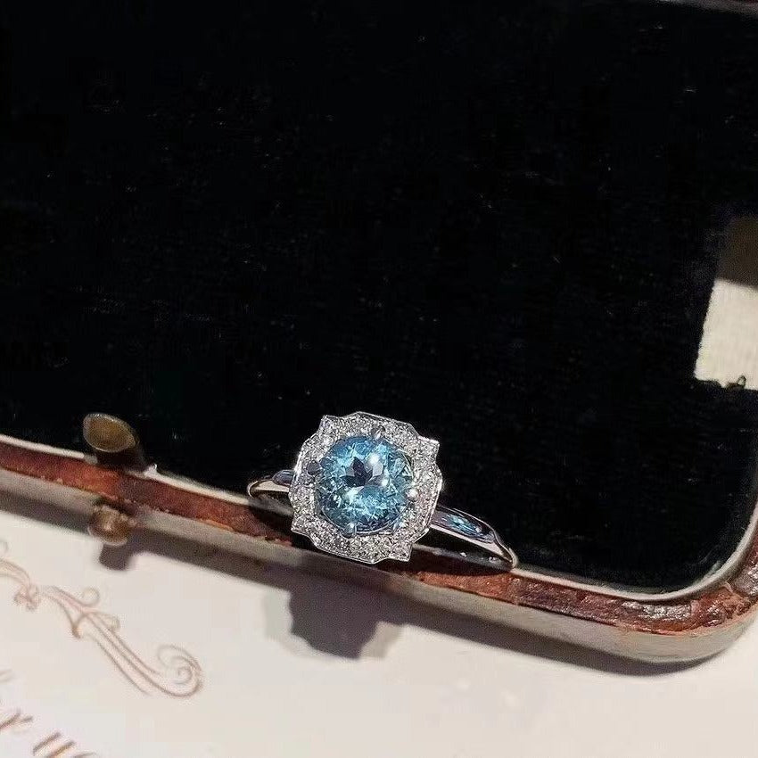 925 Silver Inlaid Natural Aquamarine Ring Necklace Two-Piece Set