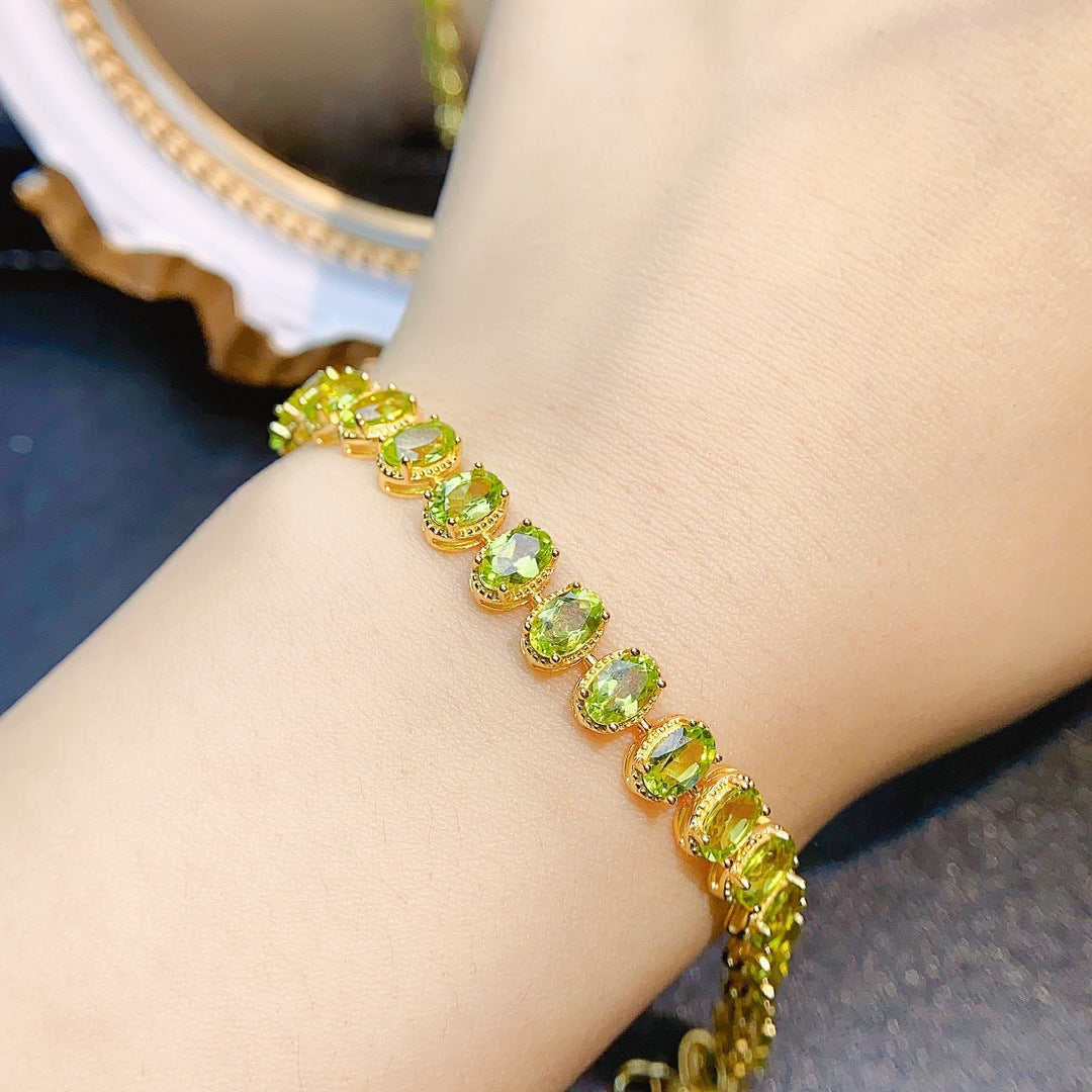 S925 Silver Inlaid Main Stone 4*6 Natural Peridot Bracelet