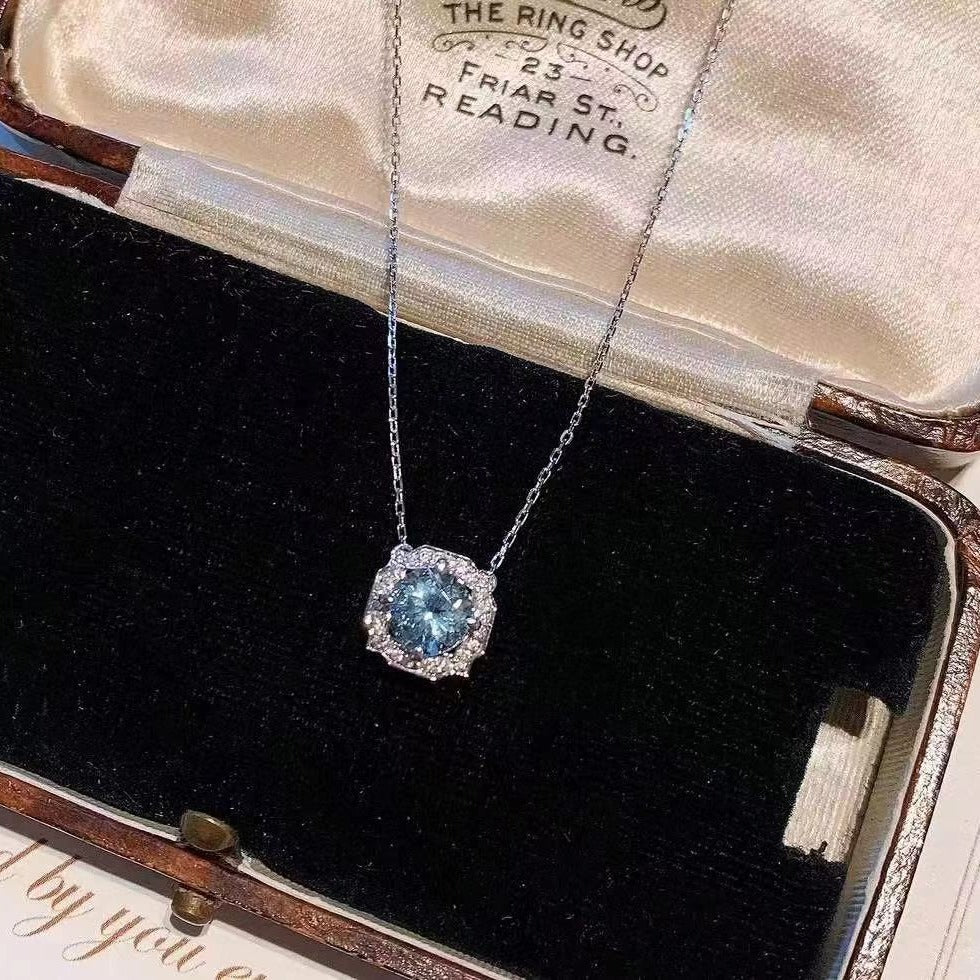 925 Silver Inlaid Natural Aquamarine Ring Necklace Two-Piece Set