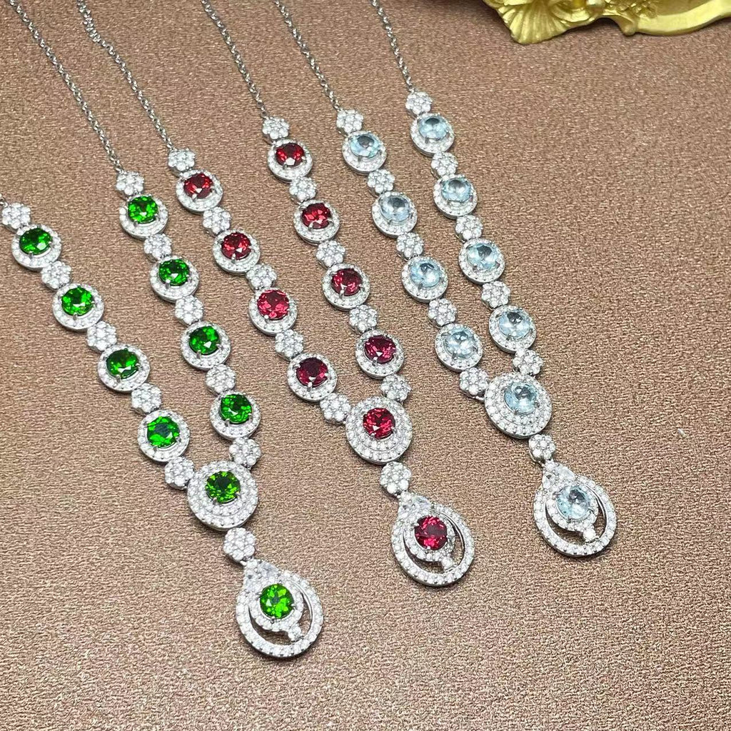 Luxury Necklace Collarbone Chain S925 Silver Inlaid with Natural Magnesia Garnet Aquamarine Diopside Multi-Gemstone Chain