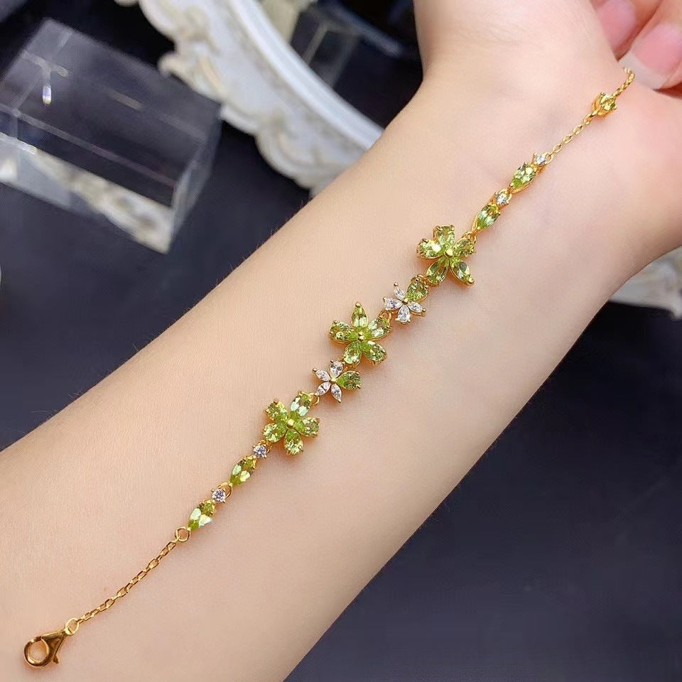 Natural Peridot S925 Sterling Silver Gold Plated Flower Peridot Bracelet