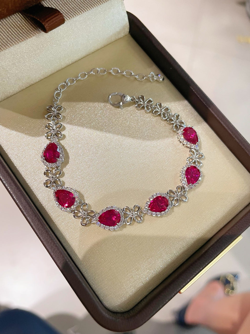 925 Silver Gold Plated Red Corundum Water Drop Flash Diamond Bracelet