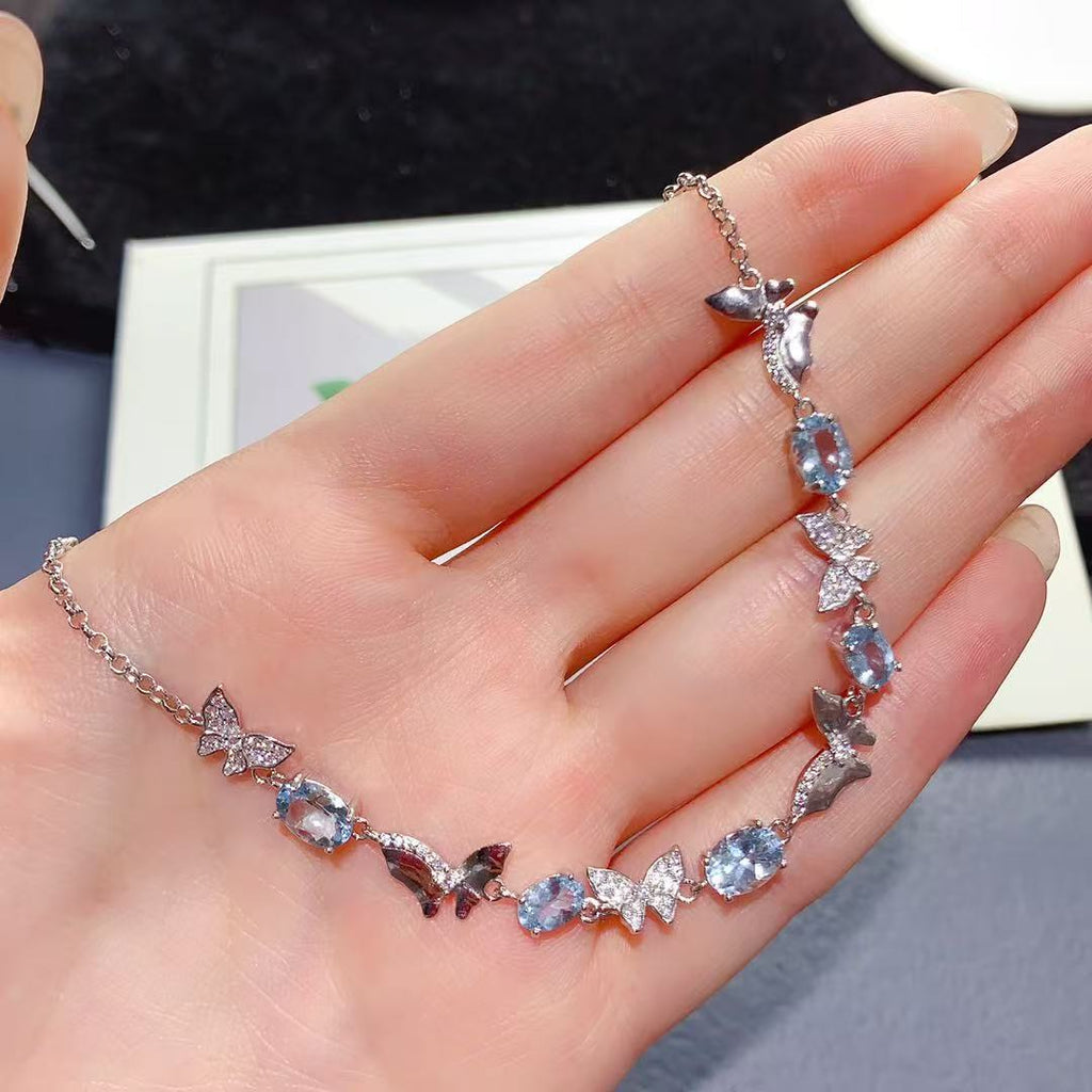 Natural Aquamarine Necklace 925 Sterling Silver Butterfly Exquisite Light Luxury Niche Design High-end Colorful Gemstone Collarbone Chain