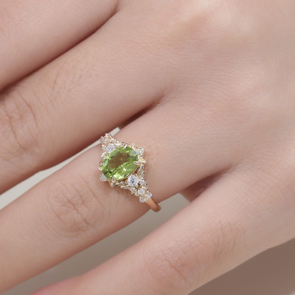 18K Gold Gemstone Ring Customized Olive Green Real Gold Ring