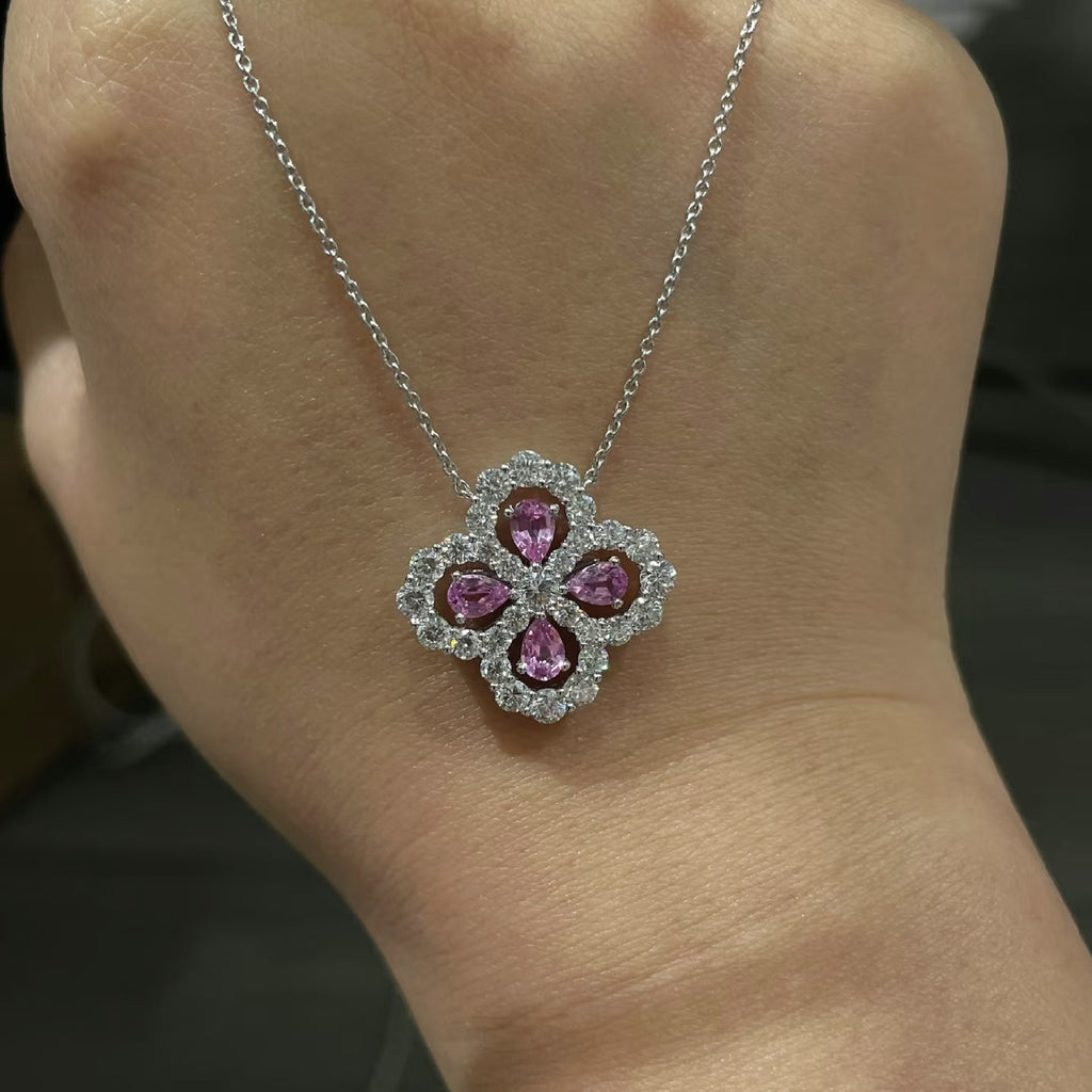 1.9 Carat Four-Leaf Clover Cultivated Pink Sapphire Full Diamond Necklace Aquamarine S925 Sterling Silver Pendant