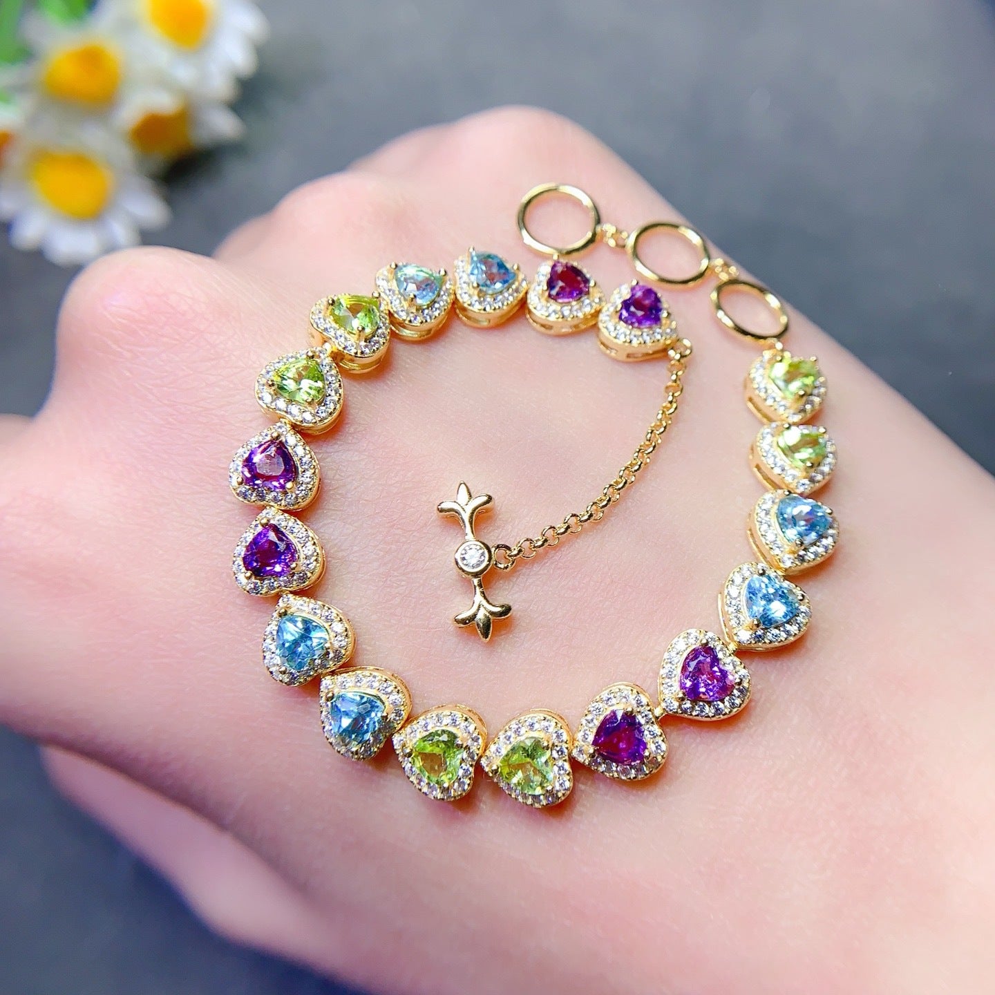 925 Silver Fine Craft Inlaid 4*4mm Natural Swiss Blue Topaz Olive Amethyst Bracelet