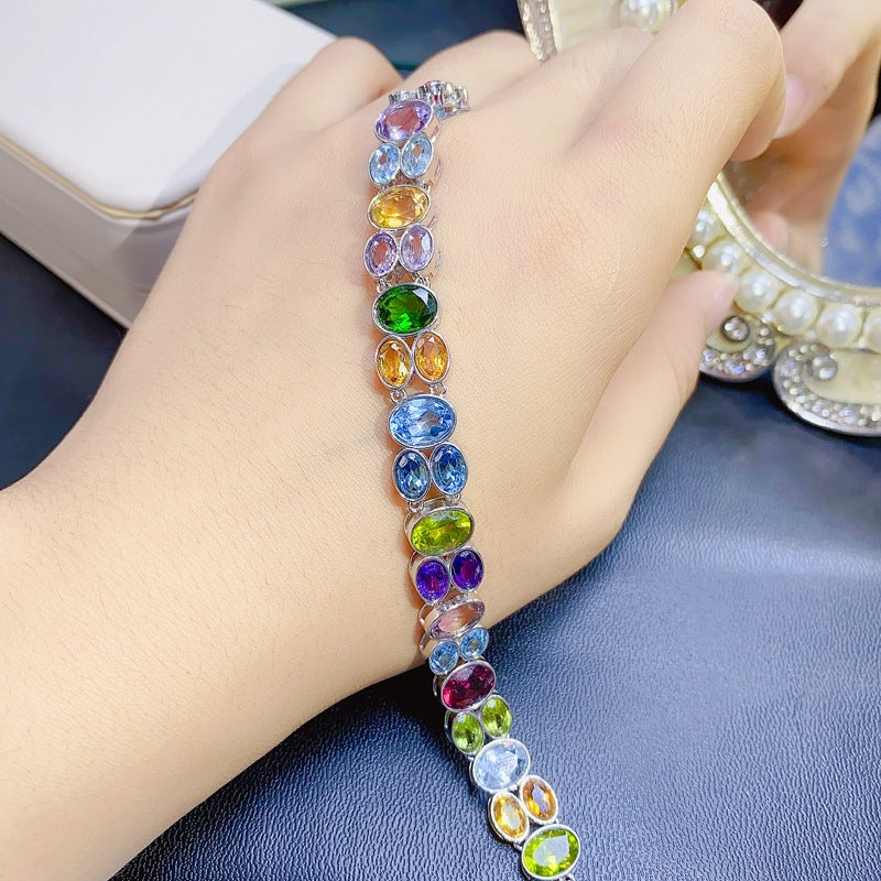 Colorful Gemstone Mixed Bracelet Natural Peridot Garnet Diopside Citrine Amethyst Topaz 925 Silver Bracelet