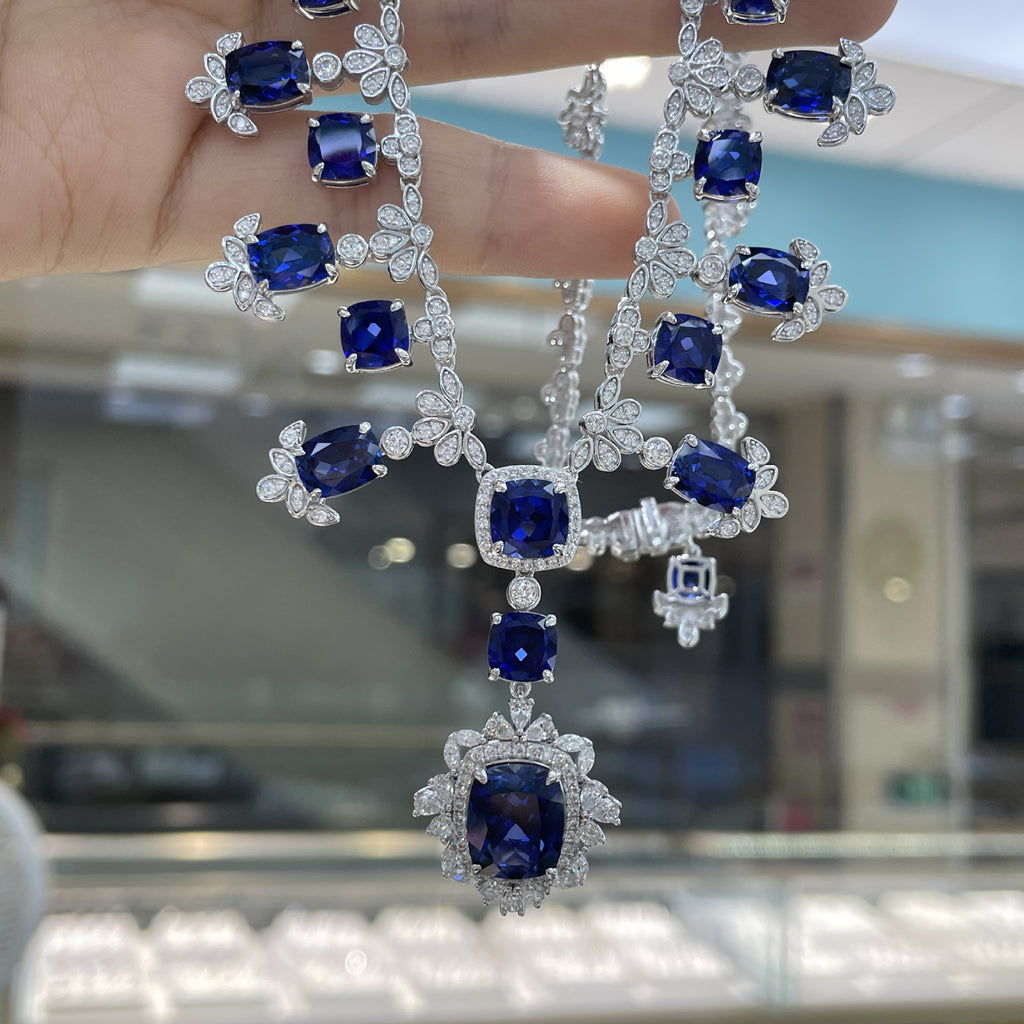 Elegant 5.5 Carat Cultivated Sapphire Pillow Shape Jewelry Set S925 Silver Ring