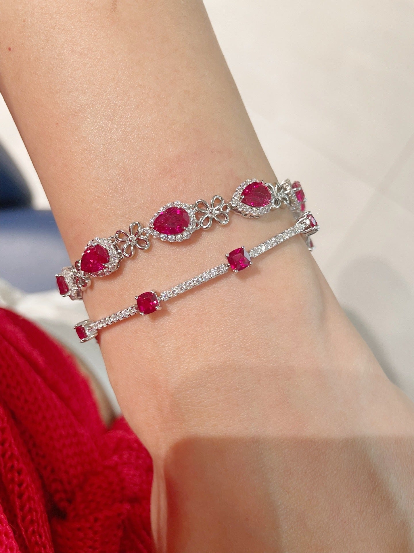 925 Silver Gold Plated Red Corundum Water Drop Flash Diamond Bracelet