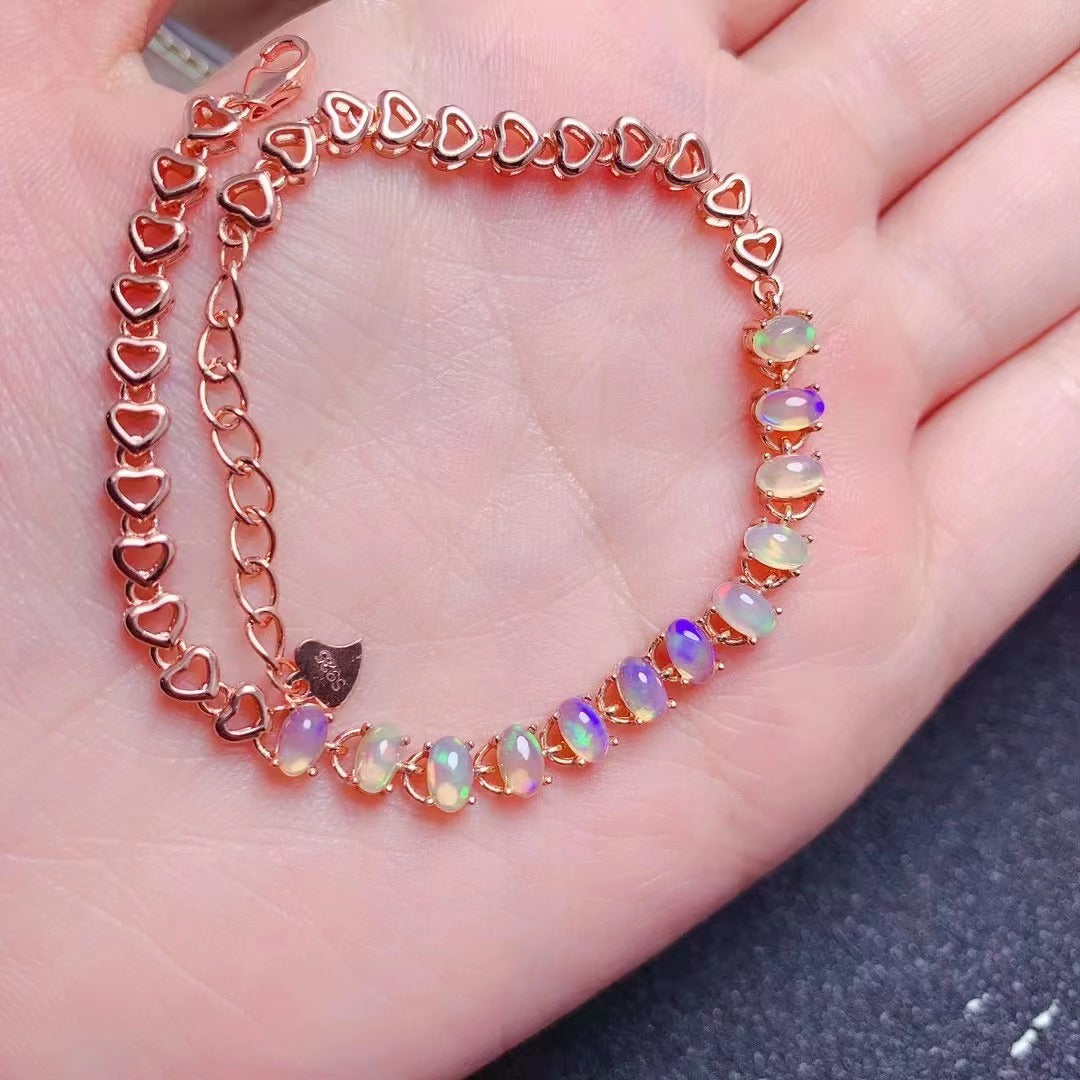 Natural Opal Bracelet 925 Silver Fine Inlay Full Pure Body Simple Retro European and American Style Bracelet Gemstone Jewelry Bracelet