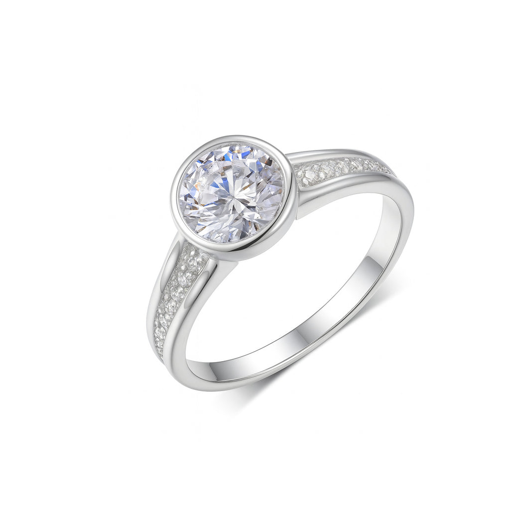 S925 Silver Moissanite Ring Round Main Stone Bezel Design Arm Setting Stone Gold Simple Versatile Women's Hot Sale