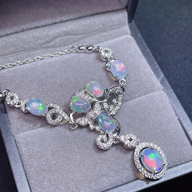 Australian Iridescent Opal Chain 925 Silver Inlaid with Dazzling Natural Fire Opal Collarbone Chain