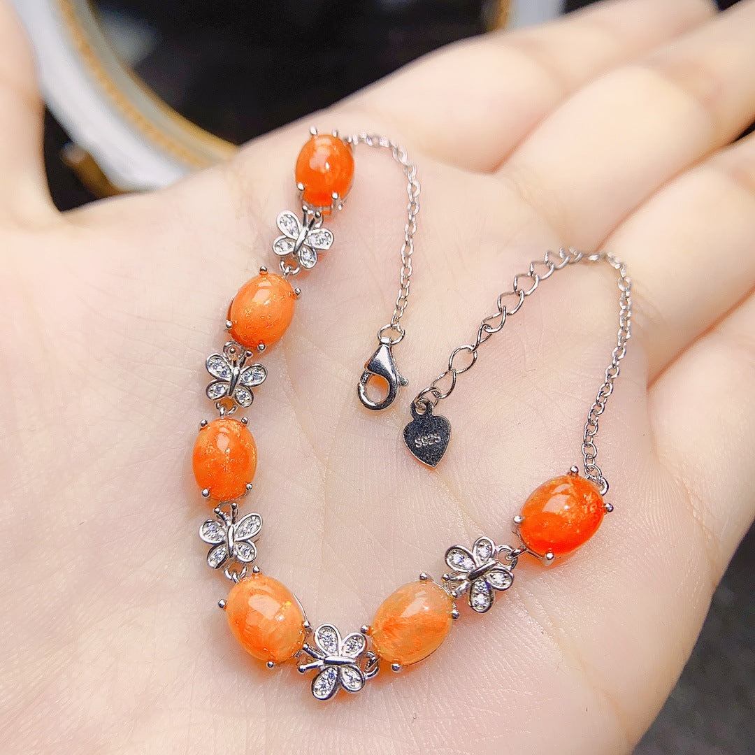 S925 Silver Inlaid Main Stone 6*8 Natural Fire Opal Bracelet