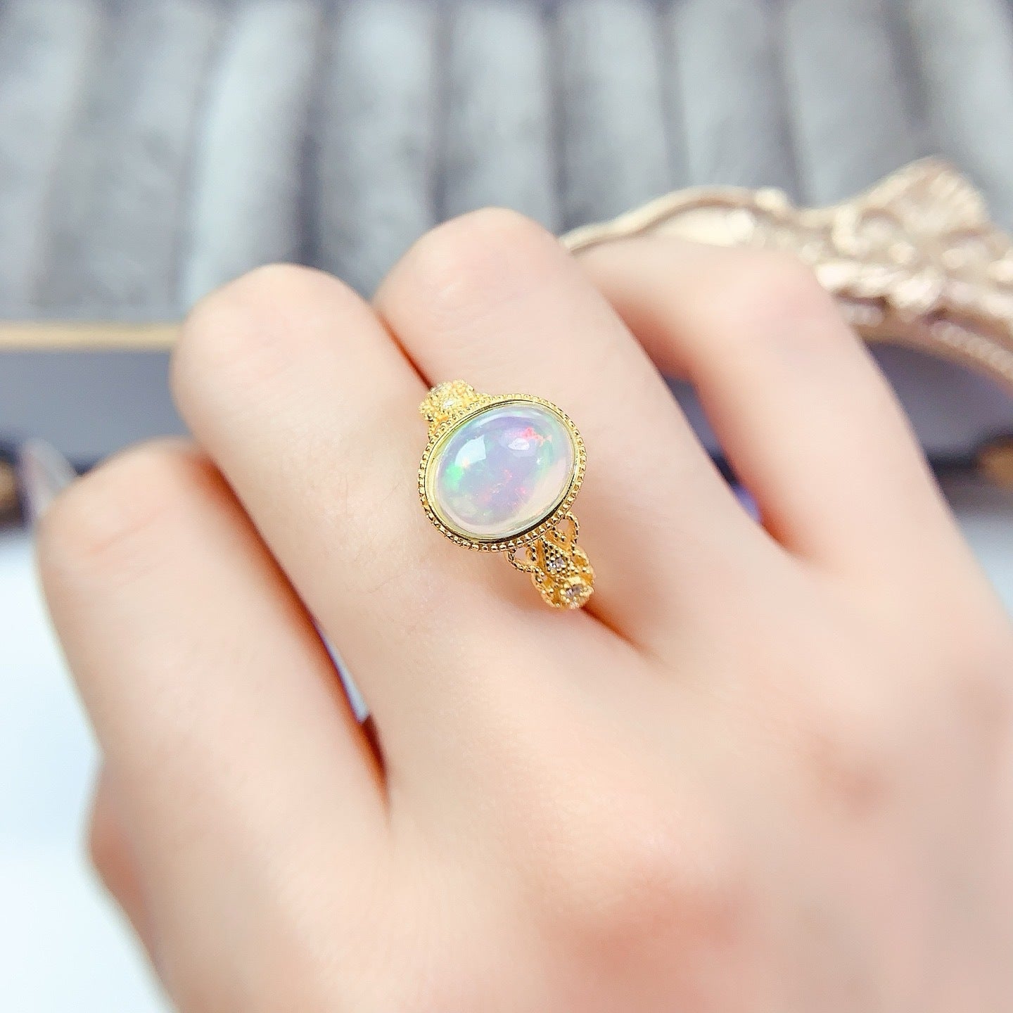S925 Sterling Silver Natural Opal Ring Fashion Niche Luxury Light Luxury Style Oval 8*10mm Ring