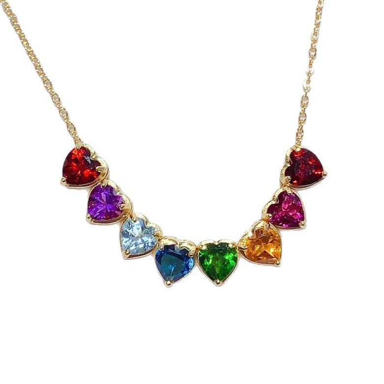 S925 Silver Inlaid Multi-Gem Necklace Heart Simple Fashion Versatile High-End Color Gem Necklace