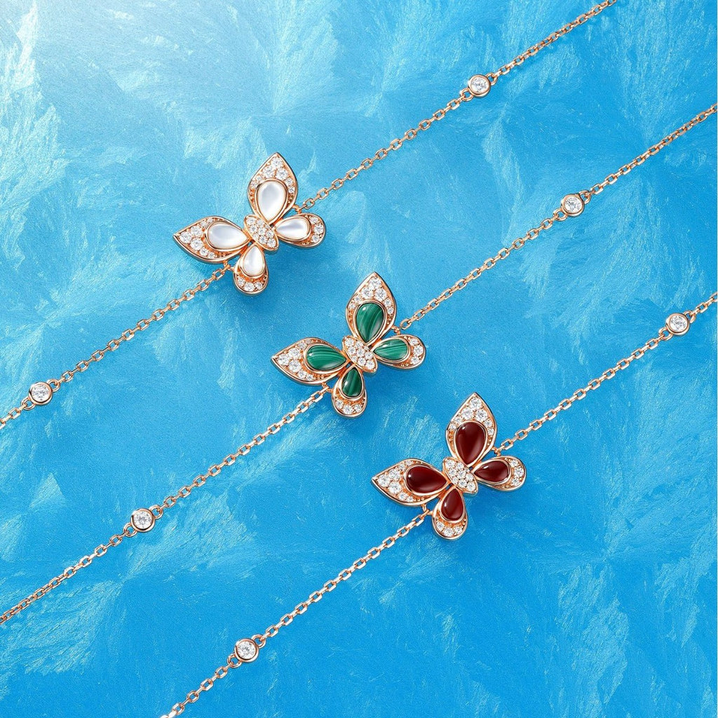 Inlaid Red Agate White Mother-of-Pearl Turquoise Sterling Silver Butterfly Bracelet