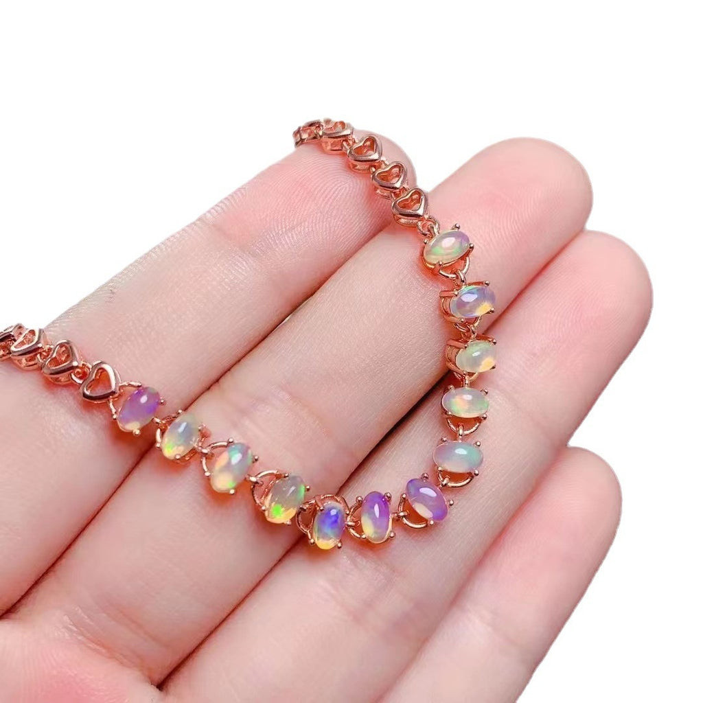 Natural Opal Bracelet 925 Silver Fine Inlay Full Pure Body Simple Retro European and American Style Bracelet Gemstone Jewelry Bracelet