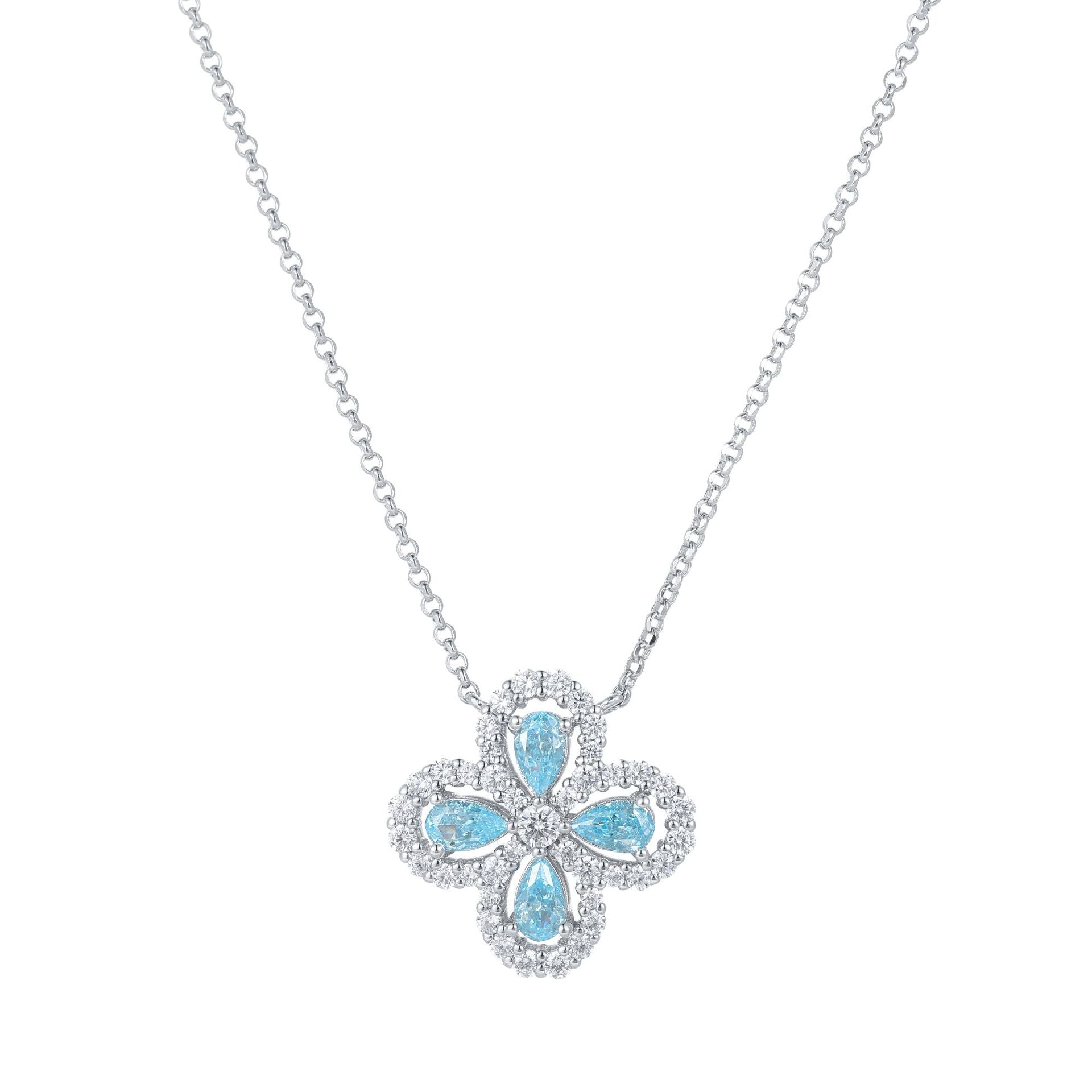 1.9 Carat Four-Leaf Clover Cultivated Pink Sapphire Full Diamond Necklace Aquamarine S925 Sterling Silver Pendant