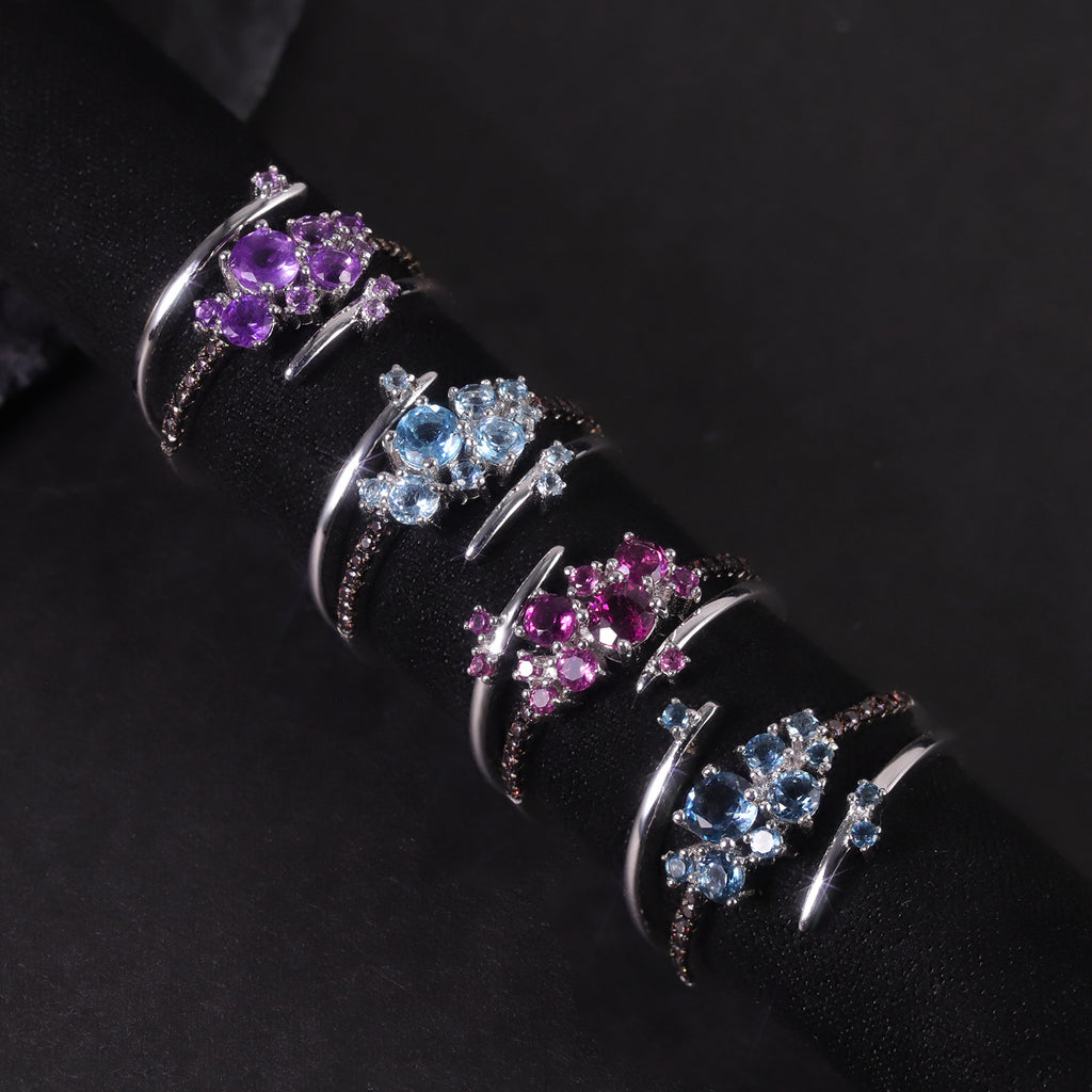 Flower Gemstone Ring S925 Sterling Silver Inlaid with Natural Topaz and Garnet Ring