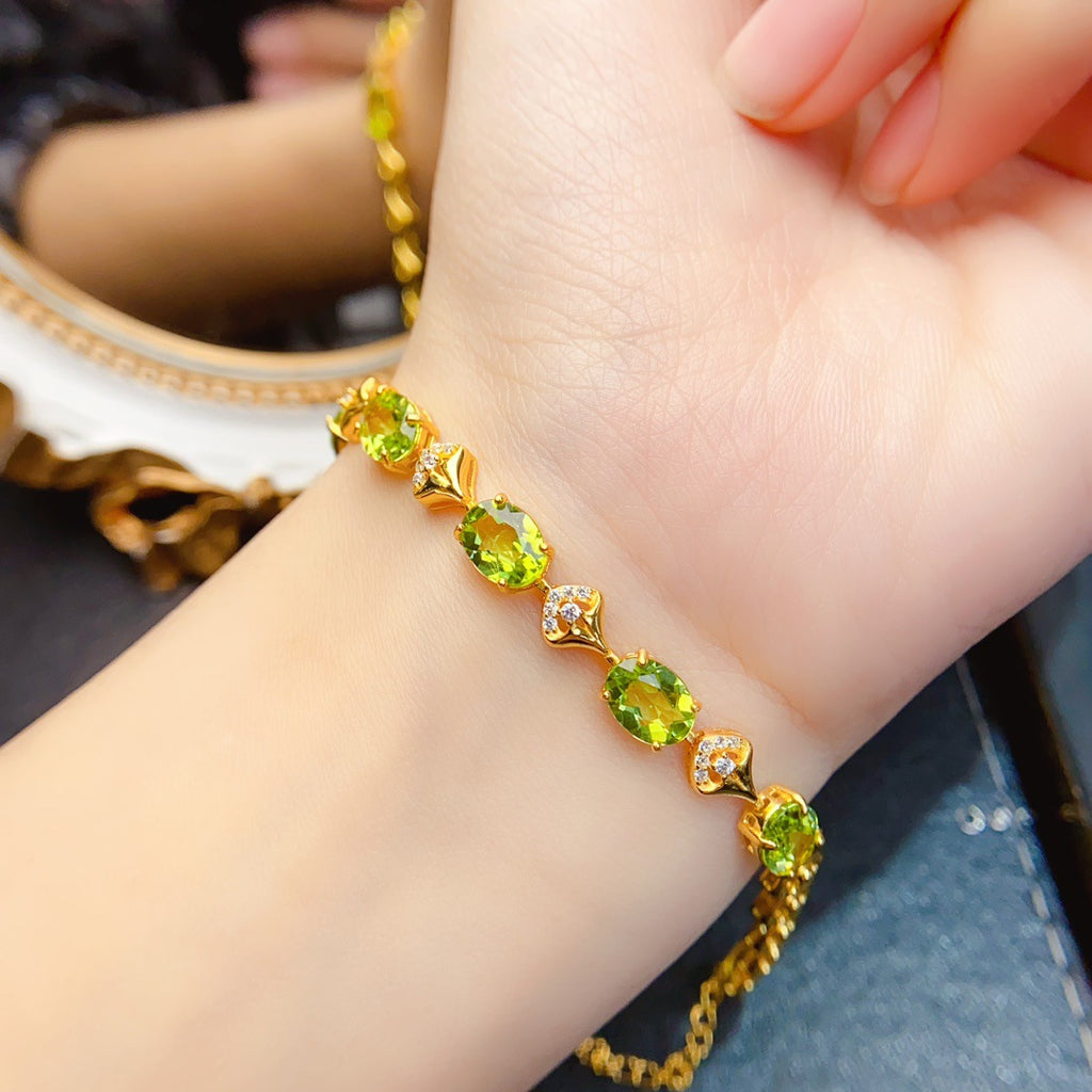 S925 Silver Inlaid Main Stone 6*8mm Natural Peridot Bracelet