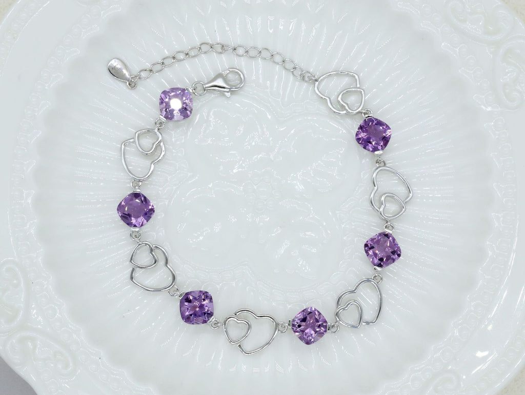 925 Sterling Silver Bracelet Love Double Heart Inlaid Amethyst Women's Bracelet