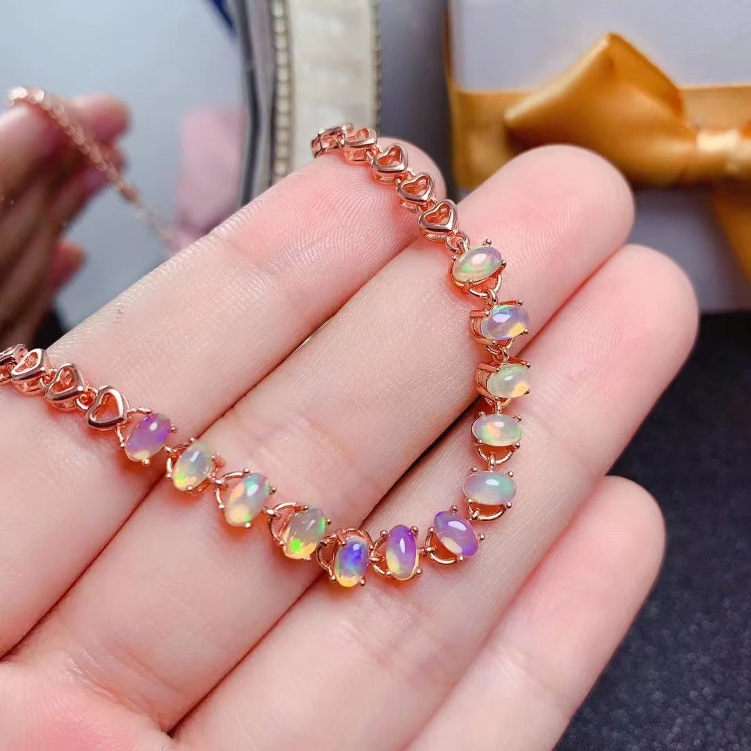 Natural Opal Bracelet 925 Silver Fine Inlay Full Pure Body Simple Retro European and American Style Bracelet Gemstone Jewelry Bracelet