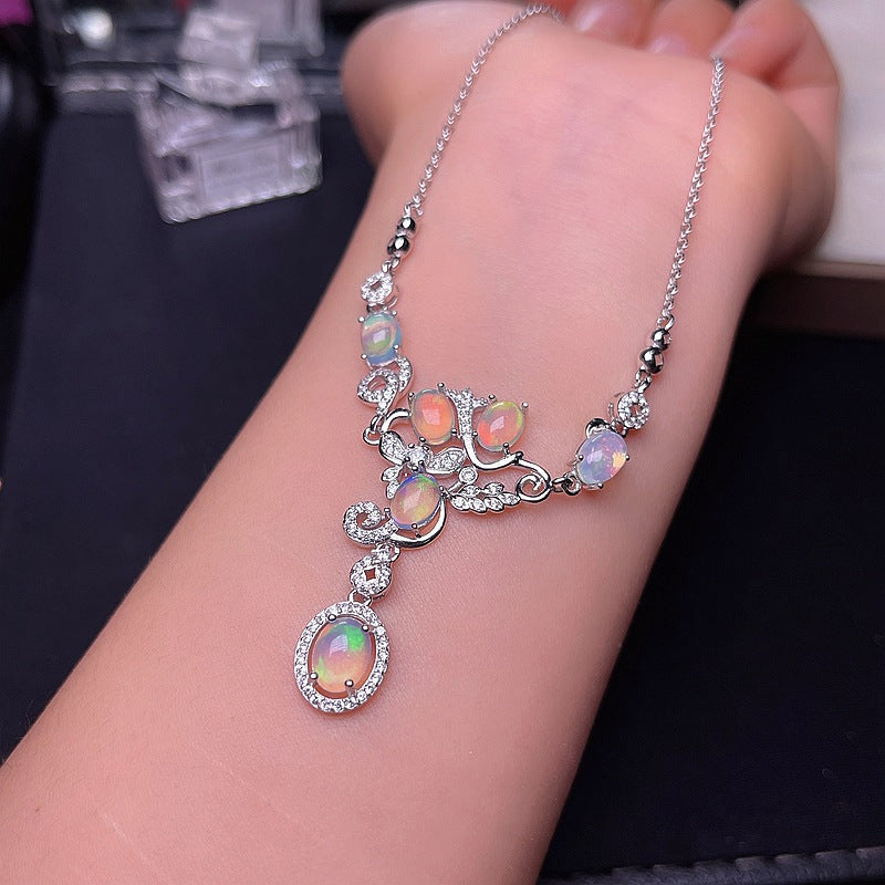 Australian Iridescent Opal Chain 925 Silver Inlaid with Dazzling Natural Fire Opal Collarbone Chain