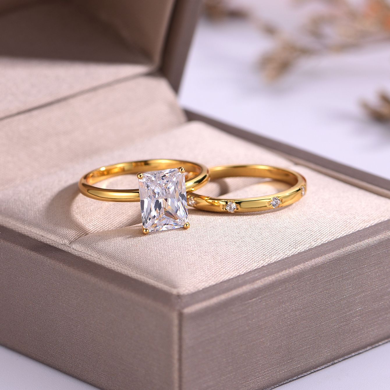 S925 Silver Combination Ring Moissanite Ring Set Princess Square Main Stone Simple Luxury Independent Stand Hot Sale