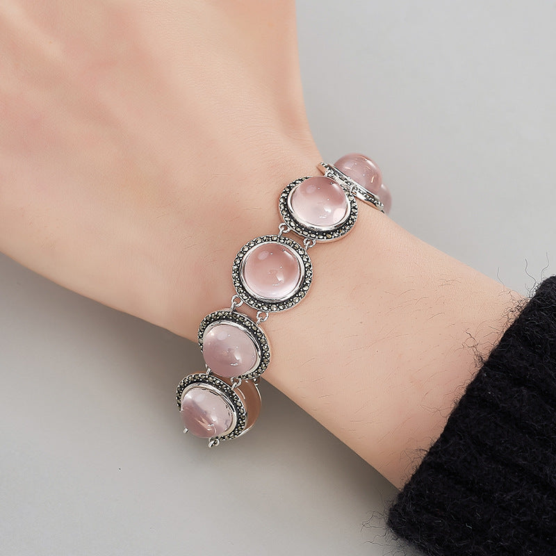 European and American Retro Mosaic Round Red Corundum Bracelet S925 Sterling Silver Inlaid Pink Crystal Cabochon Personalized Bracelet