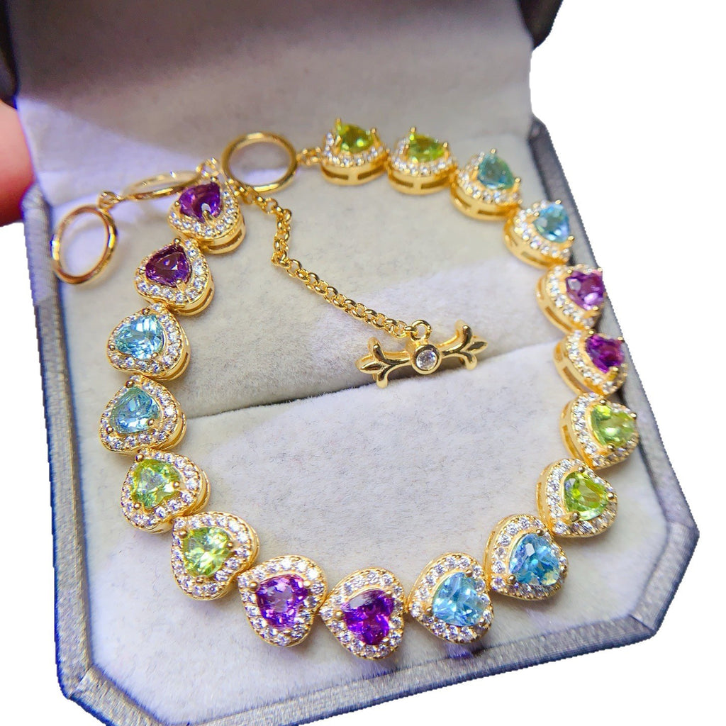 925 Silver Fine Craft Inlaid 4*4mm Natural Swiss Blue Topaz Olive Amethyst Bracelet