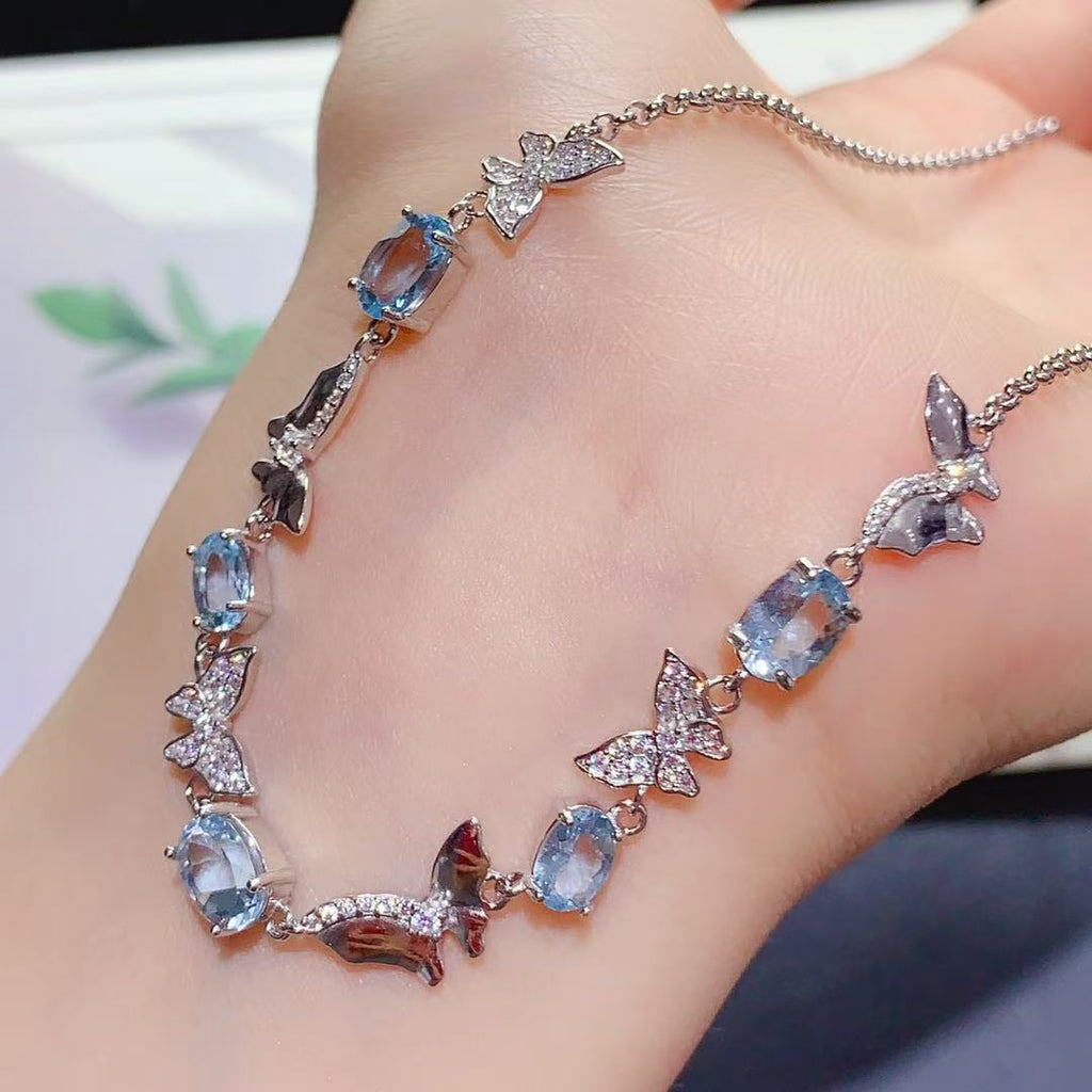 Natural Aquamarine Necklace 925 Sterling Silver Butterfly Exquisite Light Luxury Niche Design High-end Colorful Gemstone Collarbone Chain