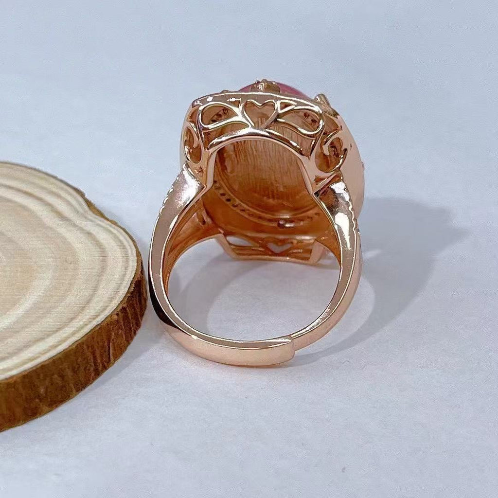 S925 Silver Plated Rose Gold Inlaid Main Stone 15*21mm Natural Rose Quartz Open Ring