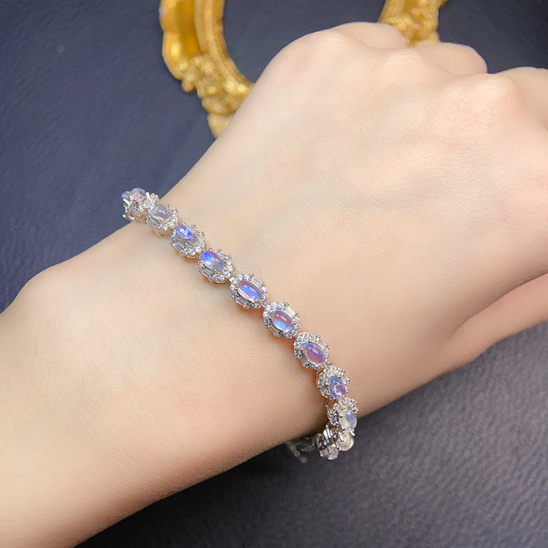 Natural Moonstone Bracelet Premium Blue Moonstone Glass Body Micro Cotton Particles Strong Blue Light 925 Silver Precision Craft 3*5