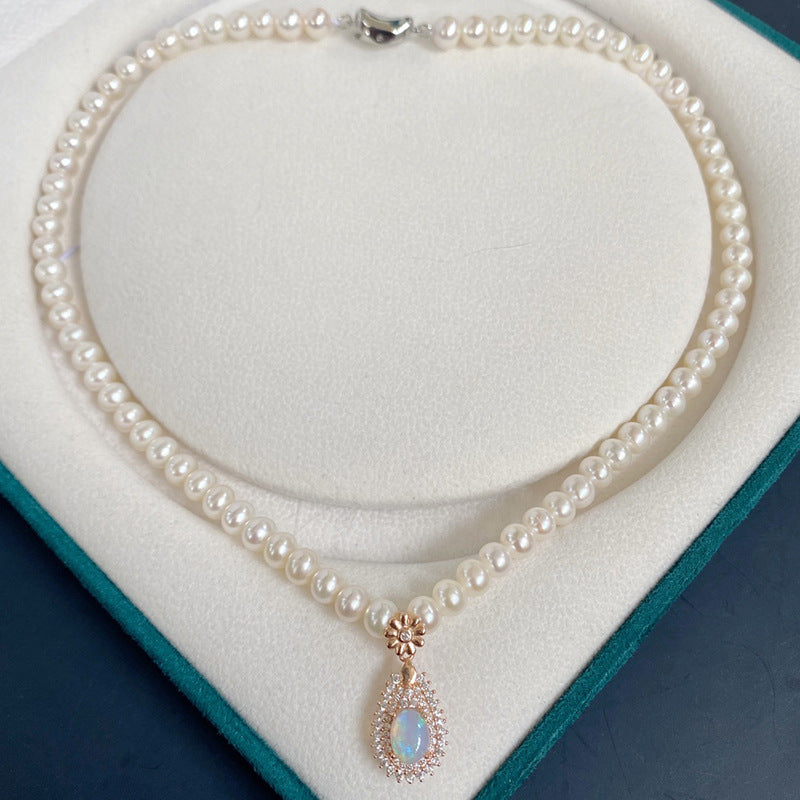 Mother's Day Gift Natural Freshwater 6 Pearl with Main Stone 6*8 Natural Opal Pendant