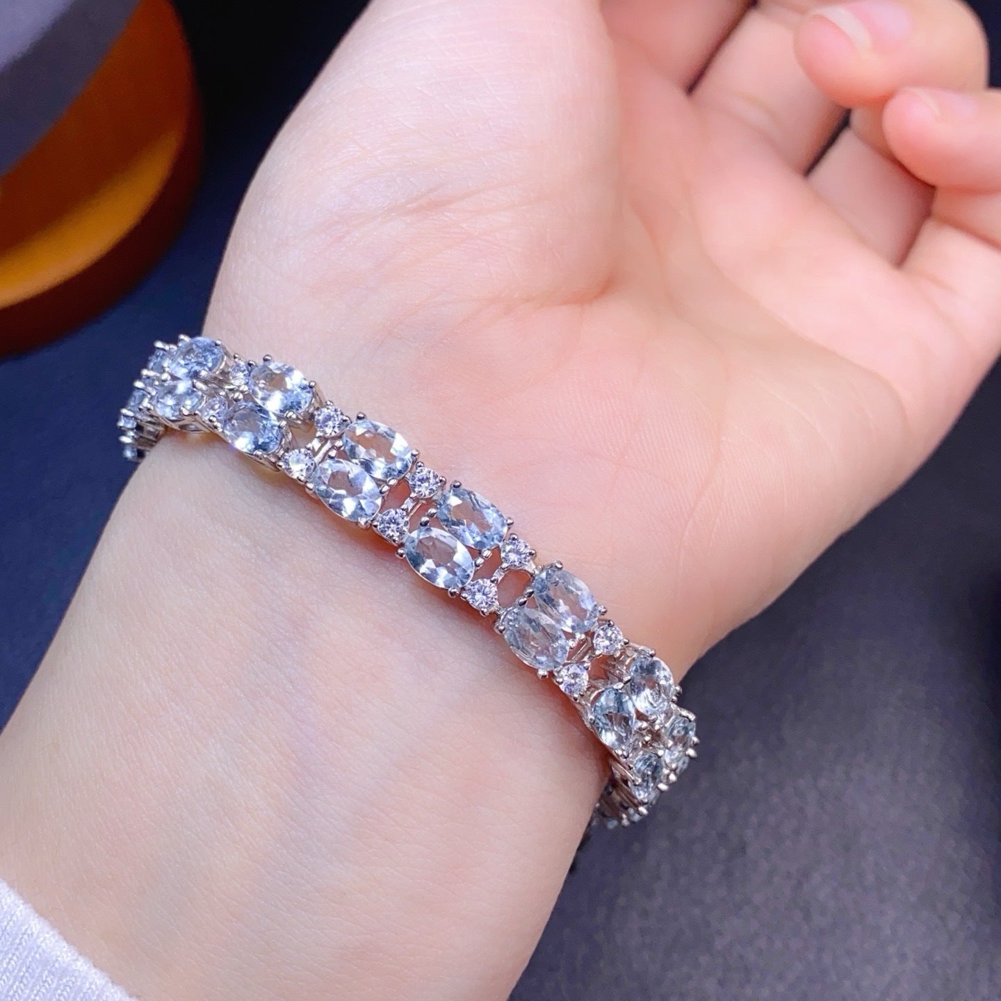 S925 Silver Inlaid Main Stone 4x6mm Natural Aquamarine Bracelet