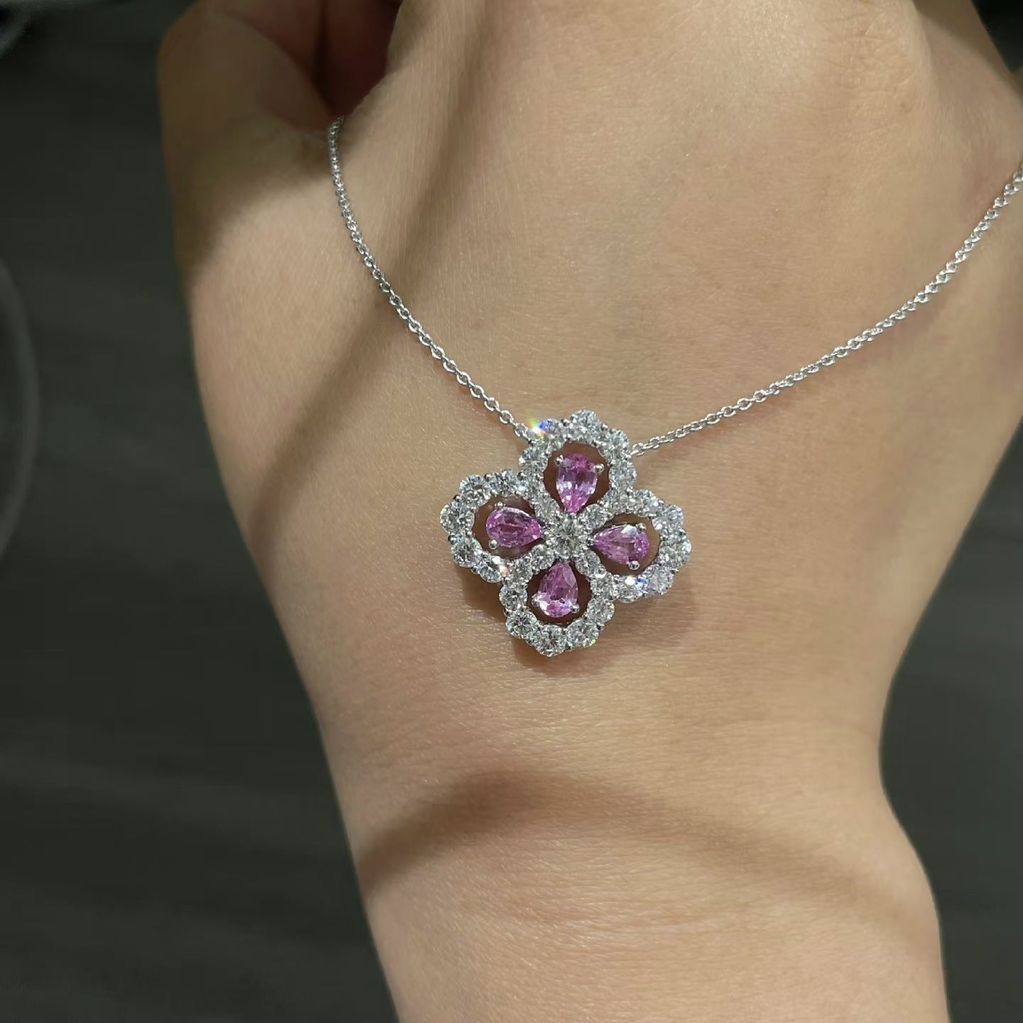 1.9 Carat Four-Leaf Clover Cultivated Pink Sapphire Full Diamond Necklace Aquamarine S925 Sterling Silver Pendant