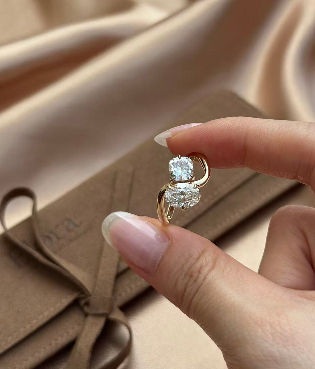 Double Stone Twist Arm Cultivated Diamond Ring Main Stone 1.22ct + Secondary Stone 1.01ct