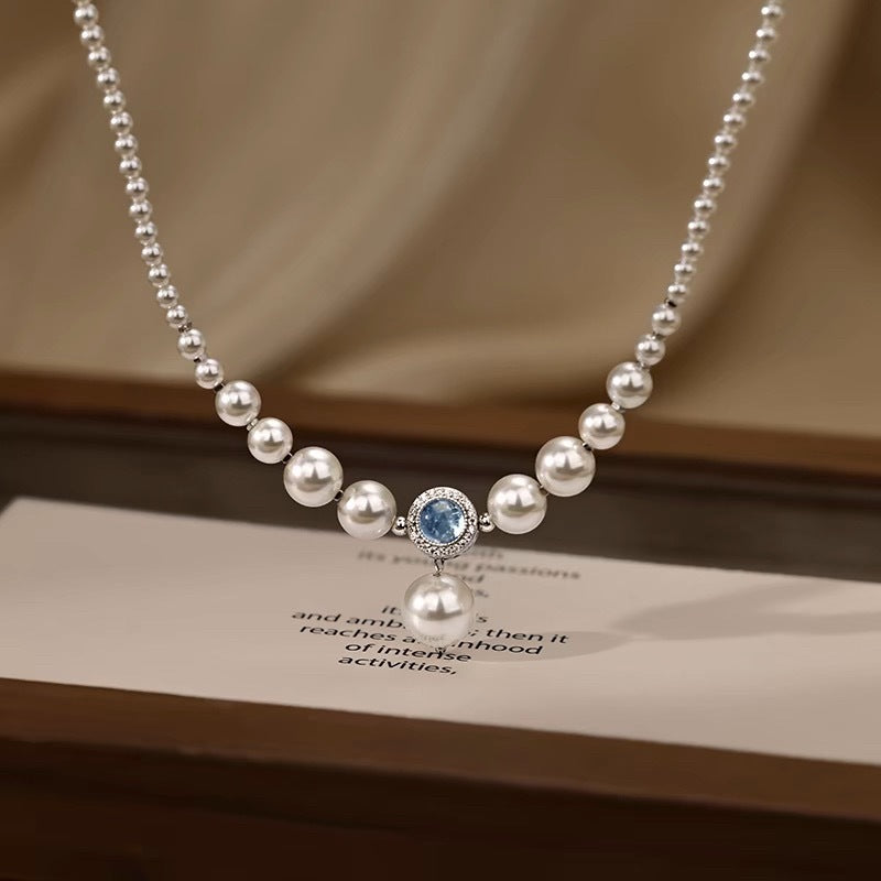 Natural Australian White Jellyfish Shell Pearl Necklace for Women with Aquamarine Gradient Elegant Collarbone Chain