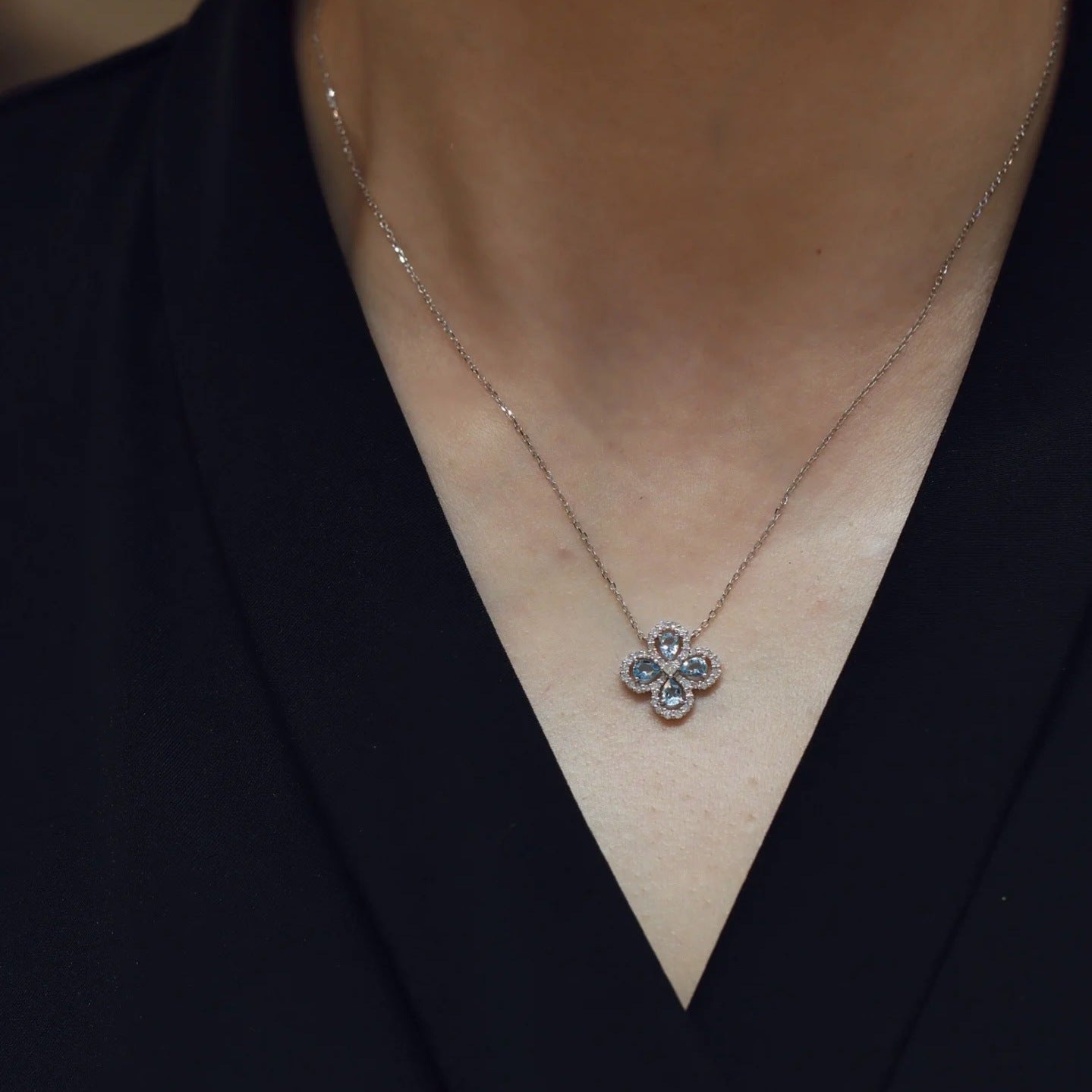 1.9 Carat Four-Leaf Clover Cultivated Pink Sapphire Full Diamond Necklace Aquamarine S925 Sterling Silver Pendant