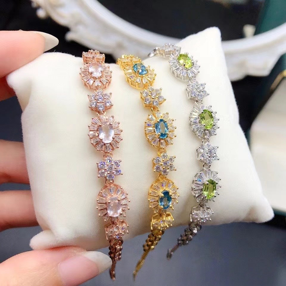 Natural Pink Crystal Bracelet Sakura Pink 925 Sterling Silver Fine Quality Crystal Hand Jewelry