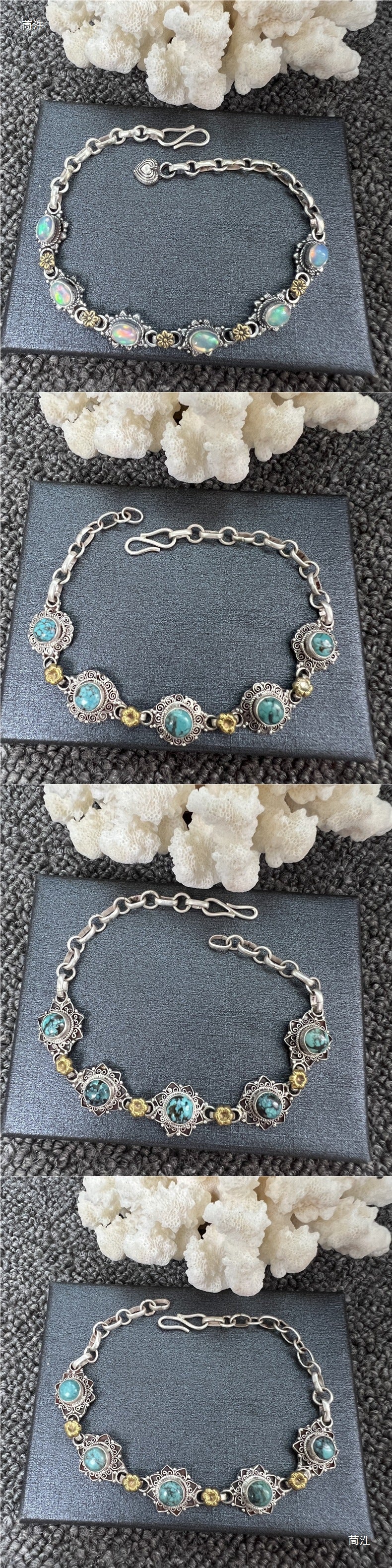 Nepal Handmade 925 Inlaid Yellow Crystal Ruby Amethyst Opal Stone Vintage Bracelet