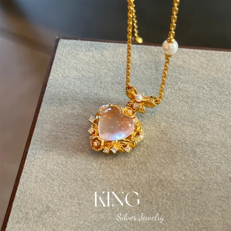 Pink Water Beauty| S925 Silver Gold-Plated Heart Pink Crystal Light Luxury Retro Niche Fashion Elegant Pure Silver Necklace