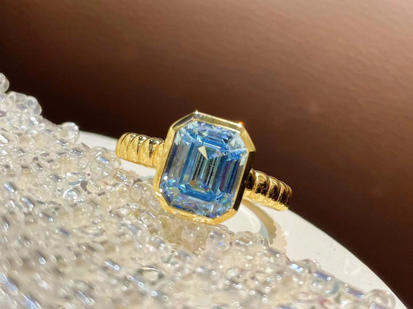 925 Silver Gold Plated High Carbon Diamond Asscher Aquamarine T Square Ring