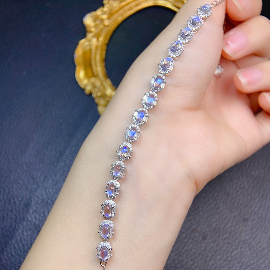 Natural Moonstone Bracelet Premium Blue Moonstone Glass Body Micro Cotton Particles Strong Blue Light 925 Silver Precision Craft 3*5