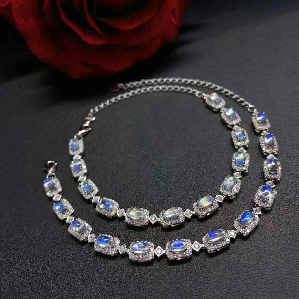 Natural Moonstone Bracelet Fashion Design Inlaid S925 Silver Women's Bracelet Simple Moonstone